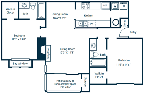 Floor plan for 2 beds, 2 baths, 1090 sqft